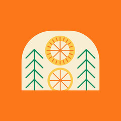 Stylized Nordic Folk Art Illustration of Trees and Sun Wheels on an Orange Background scandinavian
