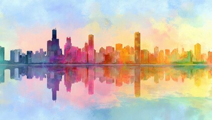 Fototapeta premium Colorful cityscape skyline reflected in water, painted effect