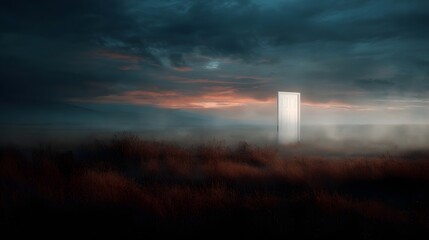 A solitary glowing white door stands open in a misty vast field at twilight under a dramatic cloudy sky