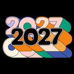 Colorful 2027 text art with retro style and abstract shapes on black background lettering typography