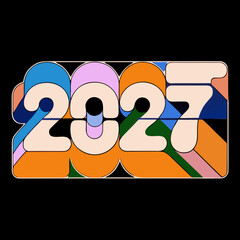 Retro 2027 text art with rounded shapes and pastel colors on black background lettering typography