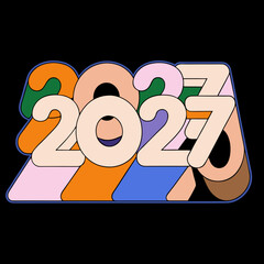 2027 numbers in retro style with pastel color blocks and 3D effect on black background new year vintage