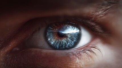 Extreme close up of a human eye with a landscape reflected in the pupil and iris showcasing sharp focus and intricate detail © Bussakon