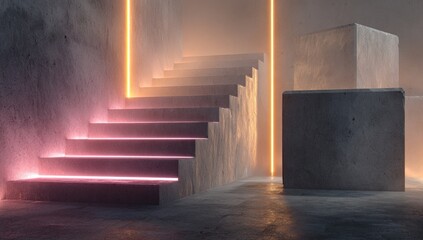 Concrete steps bathed in vibrant neon light
