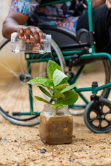 African Man in Wheelchair Watering Plant Outdoors