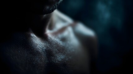 A close up captures the intense texture of a man s moist shoulder and neck under dramatic high contrast lighting