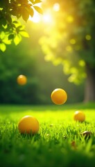 Sunlit Summer Meadow Playful Yellow Balls Bounce in a Tranquil Grassy Field, Evoking Joy and Laughter