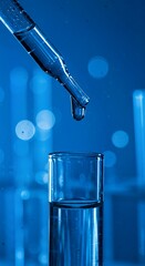Closeup shot of lab testing water sample. Dropper adds liquid to test tube.technology  Researching water quality in lab environment. Scientific analysis of water resources.