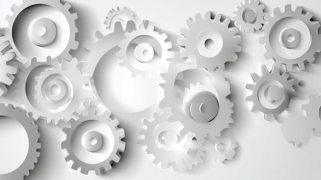 Abstract arrangement of white gears and cogs on a light background, creating a mechanical pattern.