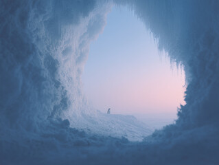 Soft pink and blue cave opening framing one small penguin