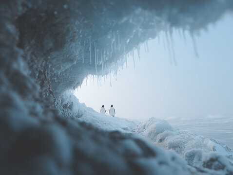Dark, dramatic ice grotto with icicles and two small penguins