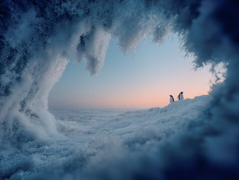 Two penguins on a ridge framed by an ice wave structure at sunset