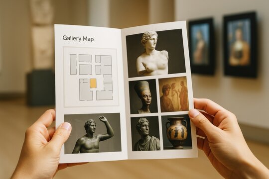 Hands holding an art gallery brochure featuring classical sculptures and paintings in a softly lit museum background with cultural exhibits on display. Ai generative