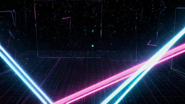 An abstract image showing neon colored beams of light intersecting within a dark, textured space