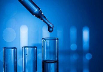 Closeup shot of lab testing water sample. Dropper adds liquid to test tube.technology  Researching water quality in lab environment. Scientific analysis of water resources.