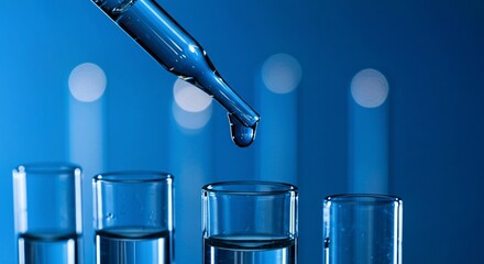 Closeup shot of lab testing water sample. Dropper adds liquid to test tube.technology  Researching water quality in lab environment. Scientific analysis of water resources.