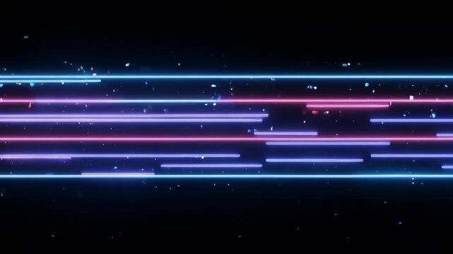 A dark background featuring horizontal neon lines in blue, pink, and purple, plus floating particles