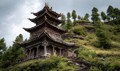 Ancient Temple Perched on a Lush Green Hillside Under Cloudy Skies.