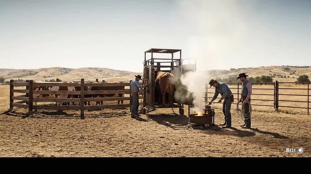 Cowboys Branding Cattle in Rural Landscape with Open Fire and Wooden Fences under Bright Sunlight Branding Process in the Meat Industry Cowboy Lifestyle and Cattle Management on Ranch