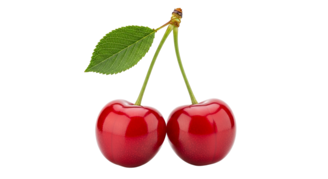 Two ripe red cherries with a green leaf on a black background