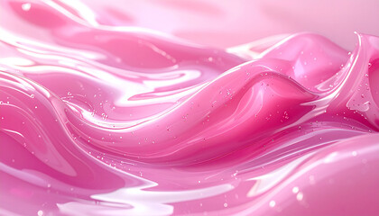 Obraz premium Glossy pink liquid serum with wavy flow texture, abstract background featuring smooth reflective surface and soft highlights, creating dreamy and elegant atmosphere