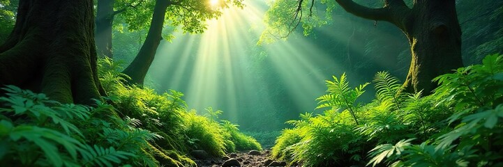 Sun-dappled Rainforest Lush Ferns and Vibrant Foliage in a Tranquil Scene of Natural Beauty, Ideal for Wallpaper or Nature Photography