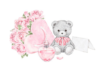 Watercolor illustration with teddy bear, heart perfume bottle, and bouquet of pink roses. Gentle pastel design for Saint Valentine Day cards, romantic posters, invitations, or elegant packaging.