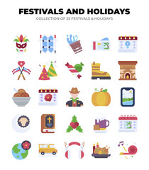 Festivals and Holidays. Collection of 25 Flat Icons
