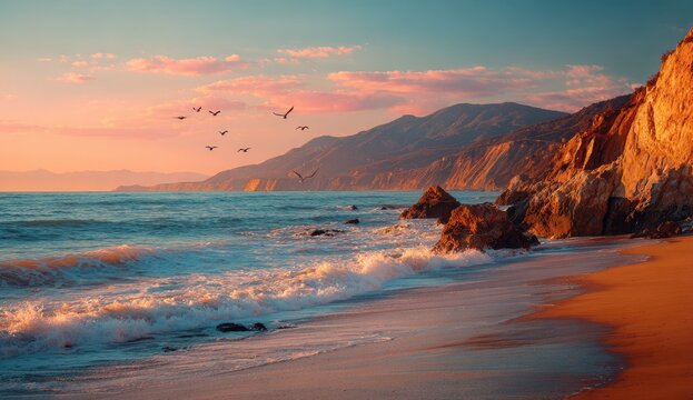 Coastal sunset with birds flying over a sandy beach - Powered by Adobe