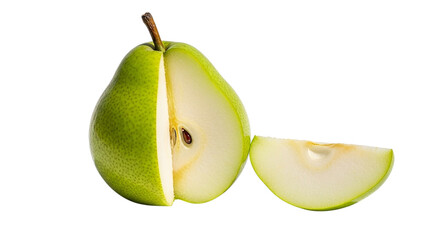 Fresh green pear halved with a slice on black background