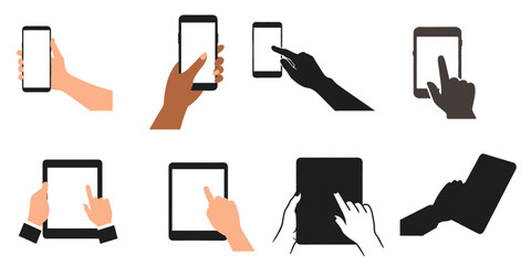 Set of different angles hand holding mobile phone svg vector file on transparent background.