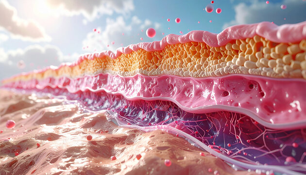 Detailed visualization of skin tissue layers dermis and epidermis with collagen fiber, fat cell, connective tissue, and blood vessel under sunlight, scientific, vibrant