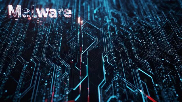 A digital landscape with glowing blue circuit board and the word "Malware" in bold letters