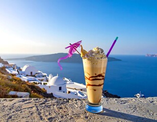 Iced Coffee Delight with Santorini View - A Refreshing Escape.