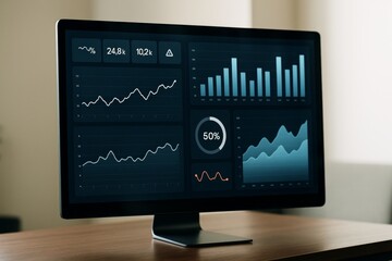 Data analytics dashboard with graphs and charts on computer monitor in office environment for business science visualization concept. Ai generative