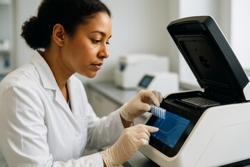 Female scientist analyzing data on touchscreen PCR machine while inserting sample tubes in modern laboratory environment. Ai generative. Ai generative