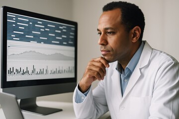 Focused scientist in lab coat analyzing complex data charts on computer screen in modern office setting with light neutral background. Ai generative
