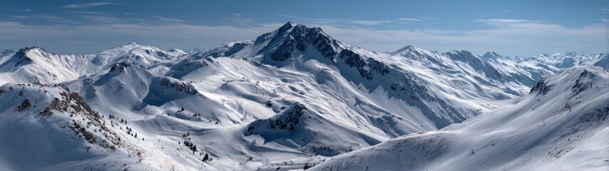 Alpine bliss: first tracks on a sunlit powder canvas. Visual poster. Alpine serenity: first tracks amid snow-covered pines in les portes du soleil. Blockbuster art. Hero poster.