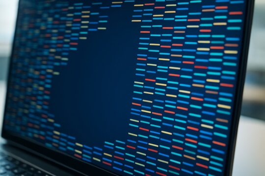 Colorful digital DNA sequence visualization on laptop screen with abstract pattern and light background in technology and science concept. Ai generative