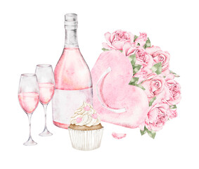 Watercolor artwork with champagne bottle, two glasses, pink roses, and a heart box. Romantic floral composition inspired by Saint Valentine Day. Perfect for greeting cards, posters, or packaging.