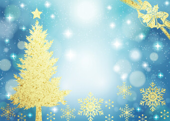 クリスマス背景、イルミネーション、シルエット、キラキラ、横、青