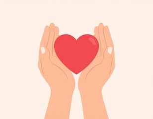 Hands gently cradling a vibrant red heart symbolizing love, care, and support in a minimalistic illustration on a soft background