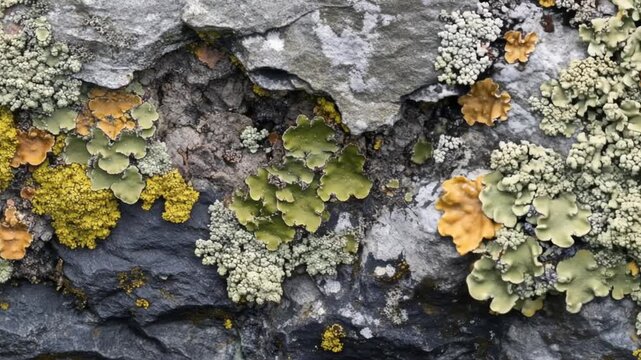 Detailed close up of stone surface with natural textures and lichen growth