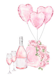 Watercolor artwork with champagne bottle, two glasses, pink roses, and a heart box. Romantic floral composition inspired by Saint Valentine Day. Perfect for greeting cards, posters, or packaging.