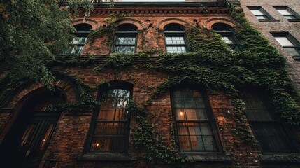 Fototapeta premium Ivy-Covered Brick Building Facade with Arched Windows, Urban Architecture.