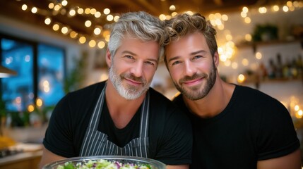 Gay couple preparing salad together in kitchen