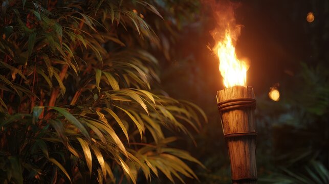 Glowing Tiki Torch Flame Illuminates Lush Foliage in Evening Darkness, Warm Light.