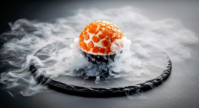 Spherical Molecular Gastronomy Dessert with Liquid Nitrogen Smoke Macro
