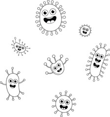 Funny cartoon microbes illustration, cute virus characters, smiling germs, educational science art, children’s biology design, playful bacteria vector clipart