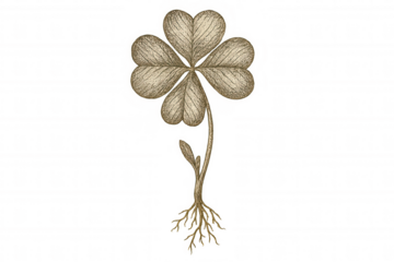 Four-leaf clover illustration with roots and stem, vintage botanical drawing representing good luck and fortune